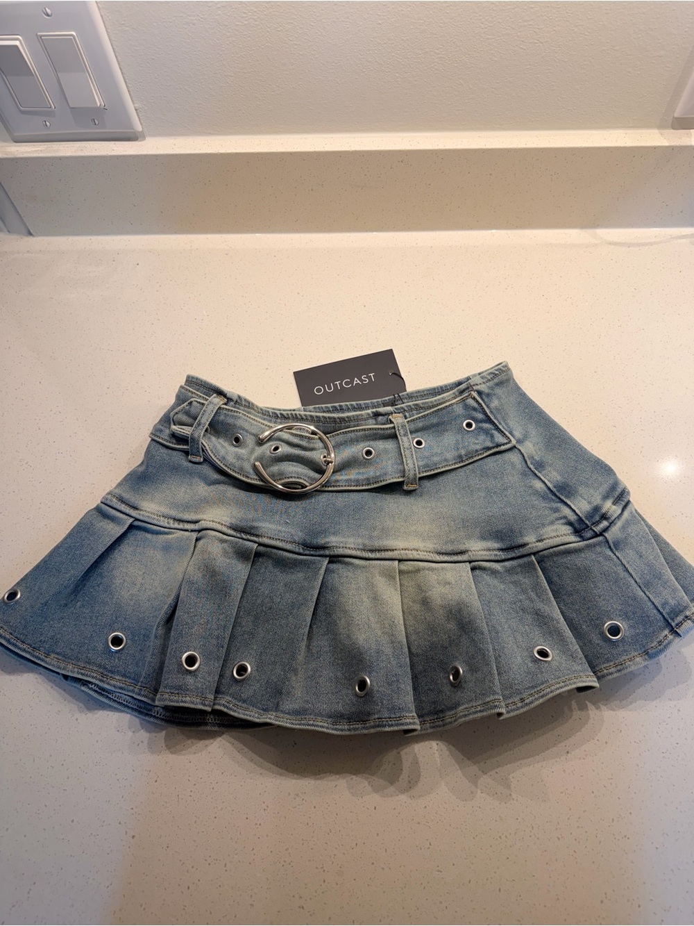 Outcast Light Blue Denim Pleated Mini Skirt with Grommet Belt